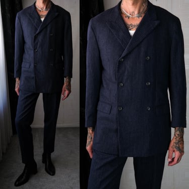 JIL SANDER for Bergdorf Goodman Navy Dual Color Pinstripe Unstructured Wool Double Breasted Suit | Made in Italy | Y2K 2000s Designer Suit 