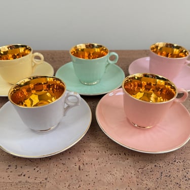 Figgjo Flint FIG2 (5) Demitasse Espresso Cup & Saucer Sets | Pastel with Gold Interior | Pink, Yellow, Green, Gray, Peach 