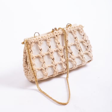 Vintage Loris Azzaro Paris 1970s Woven Crochet + Grosgrain Crossbody Evening Bag with Chain Strap 70s Made in France 