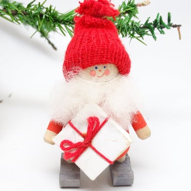 Vintage Swedish Santa with Gift, Hand Painted Wood for Christmas, Beard, Made in Sweden 