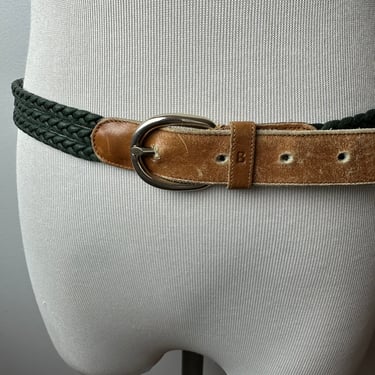80’s-90’s Bogner dark green braided belt~ woven thin textile strands with leather skinny belt~ distressed boho hippie trend ~ size 30”-33” 