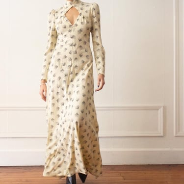 1970s Art Deco Lady Printed Cut-Out Maxi Dress 