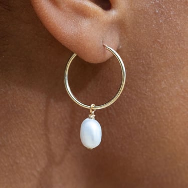 Pearl Gold Hoop Earrings, Gold Hoop Earring, Pearl Hoop Earrings, Gold Filled Hoop Earring, Pearl Earrings,Hawaiian Jewelry 