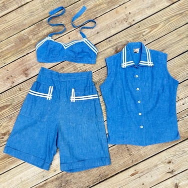 1950s Sailor Style Three Piece Set by Loomtogs Chambray Play Suit Shorts Set Vintage 34 Bust 26 Waist 