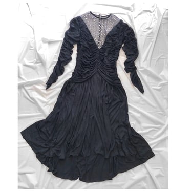 Vintage ‘80s Eletra Casadei party dress | coffin ruching, sheer net, rhinestones, high low hem, Halloween costume, S 