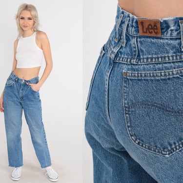 90s Lee Jeans Straight Leg Mom Jeans High Waist Jeans 1990s High Waisted Denim Pants Frayed Cutoff Vintage Blue Tapered Small 26 