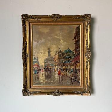 1960s Vintage French Parisian Street Scene Oil Painting, Signed 