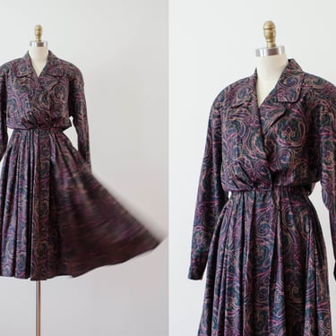 long sleeve fit and flare wrap dress | 80s vintage 50s style forest green burgundy paisley circle skirt long sleeve midi dress 