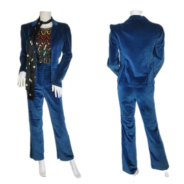 1980's Glam Blue Velvet 2 Pc Pants Blazer Suit Set I Sz Med I Contemporary Corner 