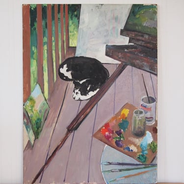Vintage Impressionist PLEIN AIR PAINTING with Cat 28x21