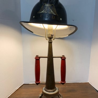 Antique Folk Art Fire Department Lamp with Helmet Shade 