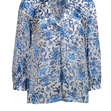 Alice & Olivia - Blue & White Floral "Shelia" Blouse Sz S