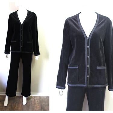 Vintage 1970s Black Velveteen Two Piece knit Pants Cardigan Jacket top pant suit corded trim Velour / modern small US 0 2 4 xs Small 