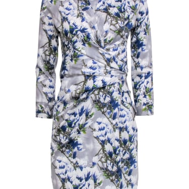 Samantha Sung - Blue & White Floral Print Collared Wrap Dress Sz 6