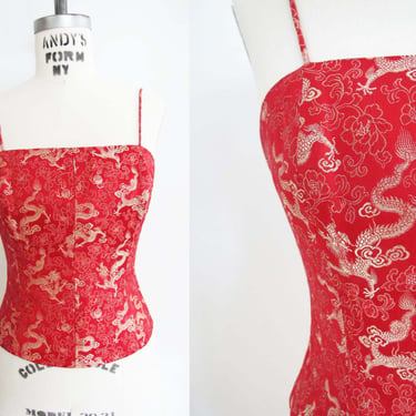 Vintage 2000s Red Satin Bustier Tank Top S - Y2K Red Dragon Asian Print Spaghetti Strap Corset Shirt 