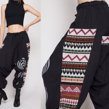 One Size Vintage Boho Cotton Harem Pants | Geometric Woven Loose Drop Crotch Hippie Pants 