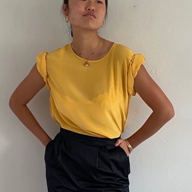 90s silk muscle tee blouse / vintage marigold yellow silk crepe box tee short sleeve crew neck pullover blouse tee | Extra Large 