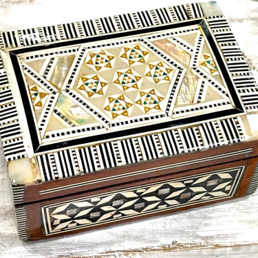 VINTAGE: Bone and Mother of Pearl Inlay Wood Box - Geometric Mosaic Trinket - Jewelry Box - SKU 00035121 