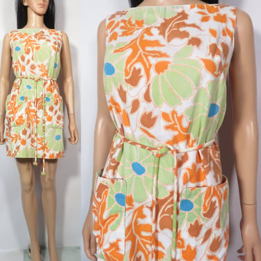 Vintage 60s Floral Cotton Mini Dress With Pockets Size S/M 