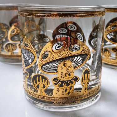 4 Culver magic mushroom lowball cocktail glasses Black & gold whiskey rocks glasses Mid century barware gift set 