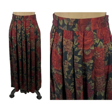 90s Black Floral Maxi Skirt Small - Long Pleated A Line High Waist - Red Rose Print Rayon - 1990s Clothes Women Vintage from WORTHINGTON 