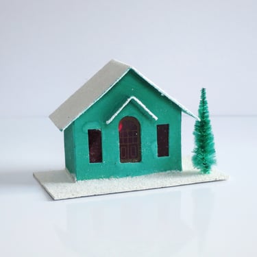 Vintage Putz House, Green Christmas Village Decoration made in Japan 