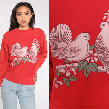 Turtle Dove Sweatshirt 80s Bird Shirt Animal Flower Nature Graphic Tee Pullover Jumper Retro Grandma Sweater Vintage 1980s Kawaii Red Medium 