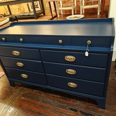 Blue painted 9 drawer dresser by Statton Americana. Could be a perfect baby changing spot! 56
