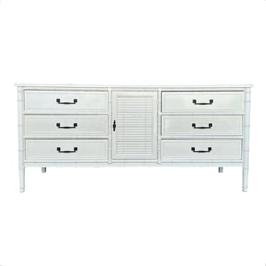 Faux Bamboo Dresser by Henry Link Bali Hai 70" Long - Vintage Painted White Shutter Louver Door Hollywood Regency Coastal Credenza 9 Drawers 