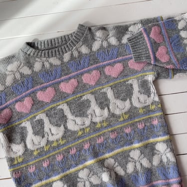 cute cottagecore sweater | 80s 90s vintage gray pastel pink blue duck goose hearts intarsia kawaii sweater 