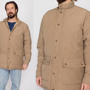 Large 70s Schott Khaki Down Fill Puffer Winter Coat | Vintage Men's Tan Zip Up Warm Puffy Ski Jacket 