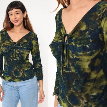Y2K Tie Dye Top Long Bell Sleeve Shirt Lettuce Edge Keyhole Neckline Retro Going Out Blouse Stretchy Tie Neck Hippie Green Vintage 00s Small 