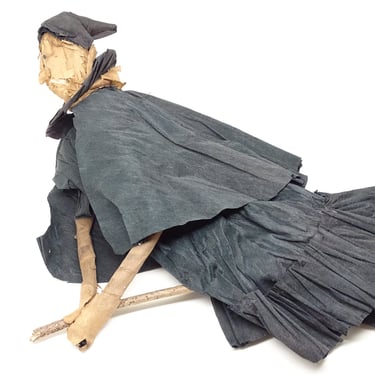 Antique 1930's Hand Made Crepe Paper Halloween Witch with Hat & Bird Nest Broom, Vintage from Maine Estate 