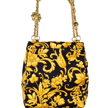 Gianni Versace Vintage Early 1990s Black and Yellow Baroque Floral Bucket Bag