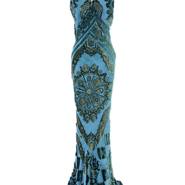 Roberto Cavalli Peacock Blue Burnout Halter Gown