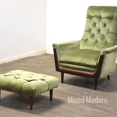 Green Mid Century Modern Lounge Chair and Ottoman 