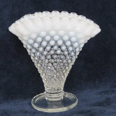 Fenton Glass Hobnail Fan Design Vase Clear With White Pleated Rim 3971B