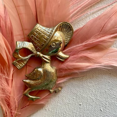 Vintage Easter Duck Brooch, Silver Tone, Wearing Bonnet And Bow, Easter Pin, Anthropomorphic Duck 