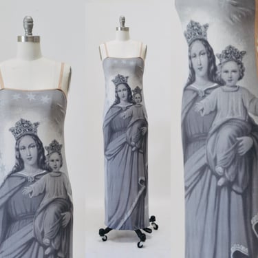 Vintage 90s D&G Virgin Mary Slip Dress 90s Dolce Gabbana Tank Dress XS Small with Virgin Mary and Jesus Art Grey Tan Dress 