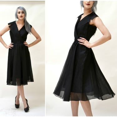 Vintage 80s does 50s Black Dress Silk Size Small by Barbara Katz// Vintage Black Silk Organza Party Dress New Look Shirt Dress Sheer 
