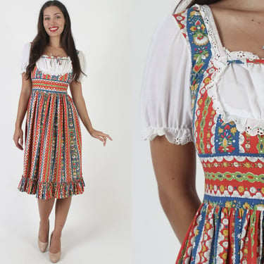 70s Country Dirndl Maxi Dress / Colorful German Folk Porch Outfit / Vintage Cottagecore Prairie Mini Sundress 