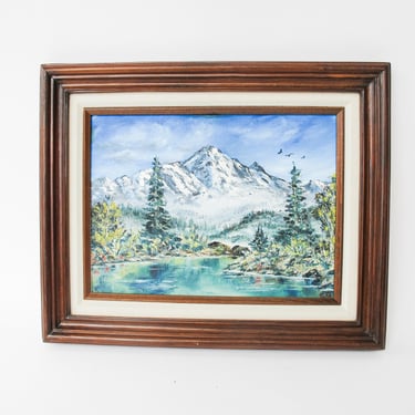 Small Vintage Mountain Landscape Painting with Original Wood Frame 1988 by Artist Sue 