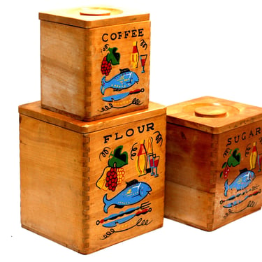 vintage Wooden Kitchen Canisters set of three 