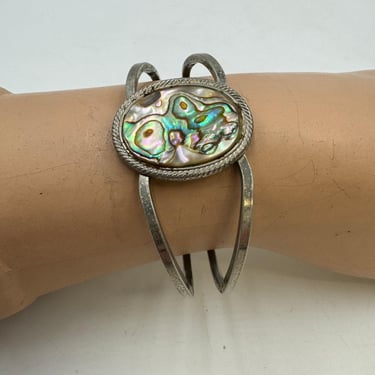 Vintage Abalone and Silver Bracelet | 1970s Hinged Boho  Womens Bracelet 