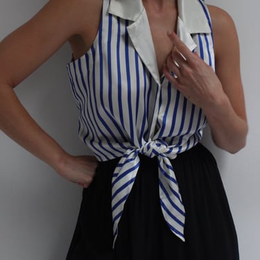 90s Ocean Striped Satin Tie Blouse