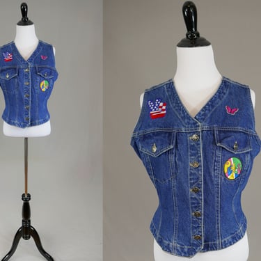 90s Sleeveless Denim Top or Vest - Peace Hippie Butterflies Iron On Patches - Cotton Blue Jean Button Front - Great Land - Vintage 1990s - M 