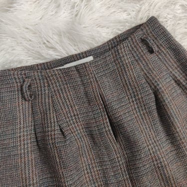 Vintage 80s Brown Wool Pencil Skirt // High Waisted Glen Check with Belt Loops 