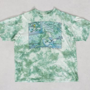 CAT TIE DYE Tee Vintage Graphic T-Shirt Green Funny Cute Comic Blues Music Cotton 90's Oversize / Xl 