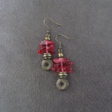 Red raw quartz crystal earrings with Asian style charm 