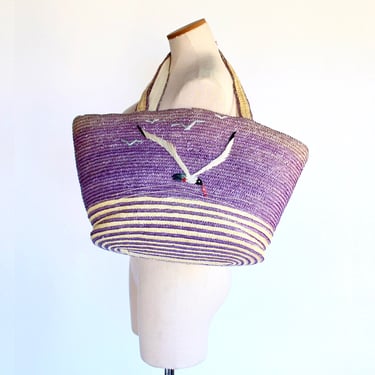 Vintage Woven Indigo Straw Market Bag with Seagulls - Extra Large Basket Tote - Beach Bag - Storage Basket 
